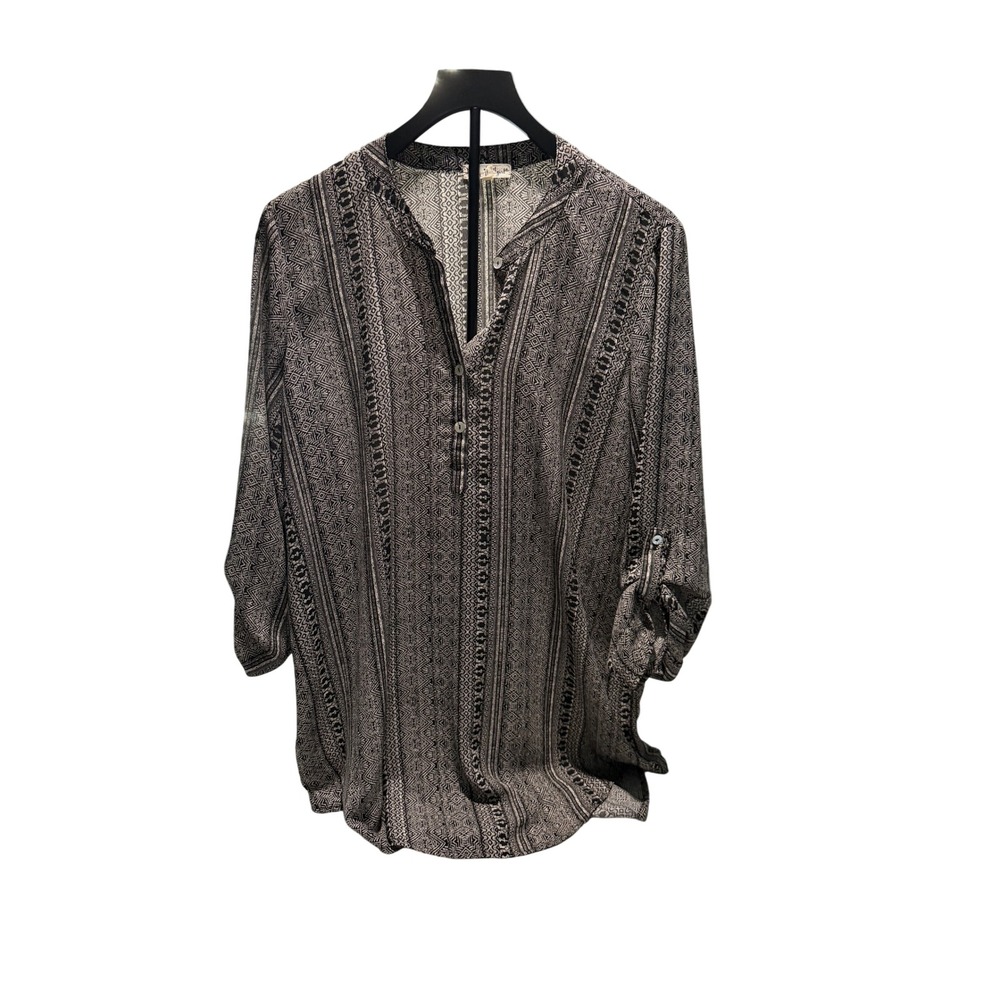 About Girl Womens XL Black Brown Geometric Tribal Print Henley Tunic Blouse